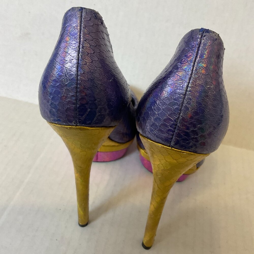 Brian Atwood Platform Stiletto Heels 6.5 Purple Gold Magenta Snakeskin Print - Picture 5 of 9